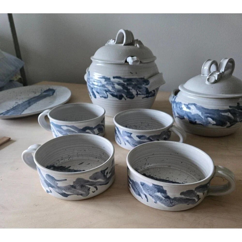 Rusty‎ Miller Signed Studio Pottery Soup tureen bowls serving tray casserole set